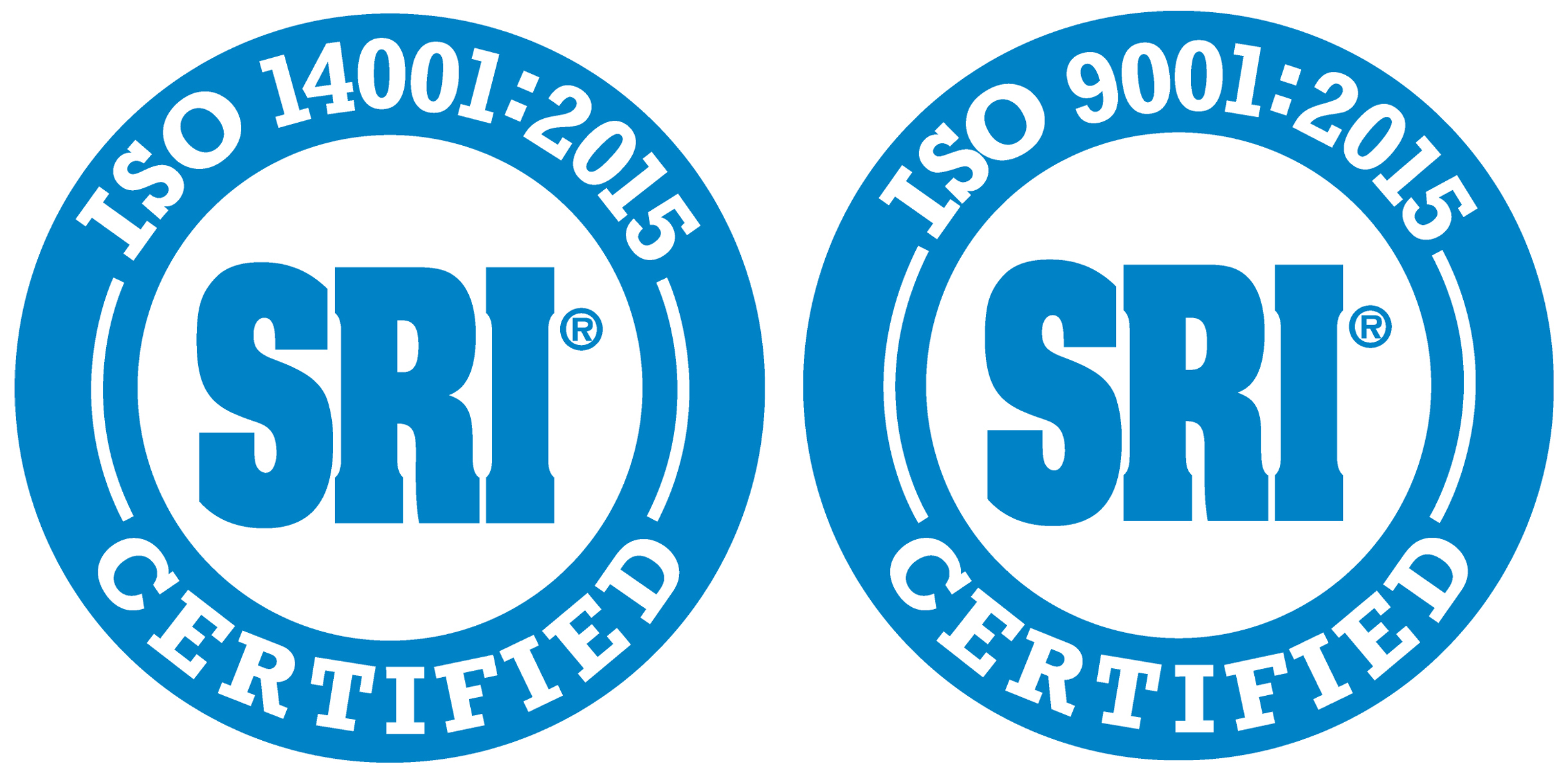 Blue SRI® circles with white ISO 14001:2015 and ISO 9001:2015 Certified text